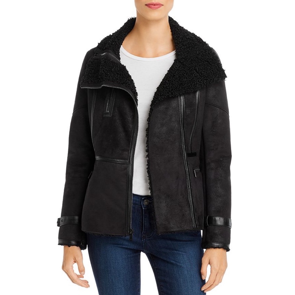 🎉 5/$125 Calvin Klein Moto Shearling Jacket Faux Fur Lined Black Size M
